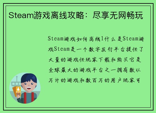 Steam游戏离线攻略:尽享无网畅玩