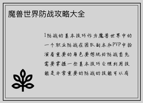魔兽世界防战攻略大全